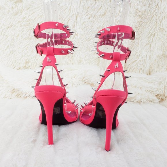 Hot Pink Spike Stud Double Strap High Heel Shoes - Picture 7 of 16